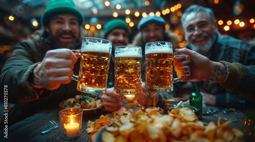 Group of Joyful Male Friends Toasting Beer Glasses in Festive Pub Atmosphere