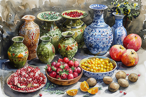 Colorful Watercolor Drawing of a Traditional Novruz Holiday Table with Decorative Ceramics and Fresh Fruits