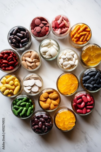 Assortment of colorful dietary supplements and vitamins
