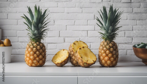 pineapples on a white brick wall kitchen, copy space for a text 