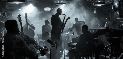 A vintage jazz club scene with musicians in midperformance, captured in a noir style with a section for a classic music quote