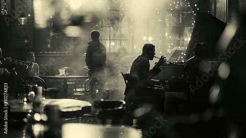 A vintage jazz club scene with musicians in midperformance, captured in a noir style with a section for a classic music quote