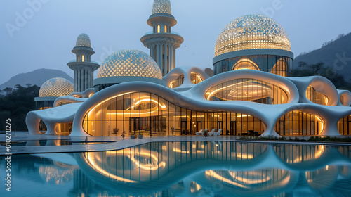 Enchanting Evening at a Futuristic Mosque with Reflective Pool