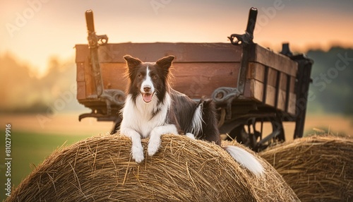 a border collie sitting on a bale of hay with an old wagon in the background