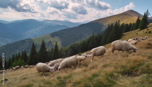 sheep grazing on grassy hillside alpine scenery of ukrainian carpathians in late summer rolling nature landscape with forested hills