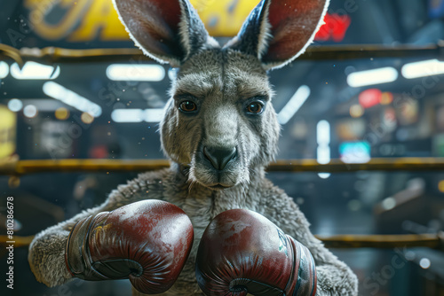 anthropomorphic kangaroo boxer ready to fight in neon lit ring 