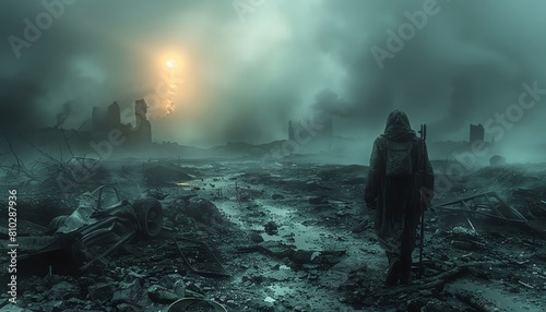 In CG 3D rendering, depict a lone survivor navigating a post-apocalyptic wasteland Utilize rear view perspective to highlight the characters resilience Experiment with innovative lighting techniques t