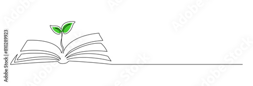 Opened book with sprout plant in one continuous line drawing . Education study and knowledge library concept in simple linear style. Growing wisdom in editable stroke. Doodle vector illustration
