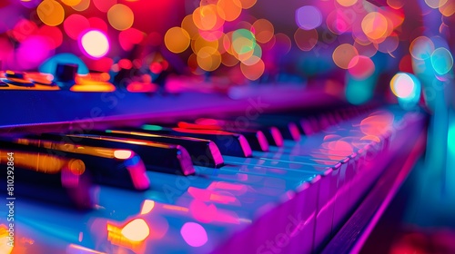 Piano keyboard with colorful neon lighting, world music day concept. seamless looping 4k time-lapse video background 