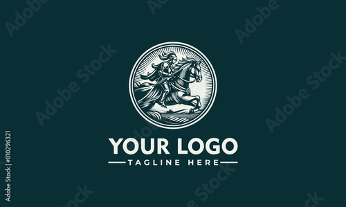 knight raiding horse vector logo Engraving with a knight, on a steely horse vector logo template 