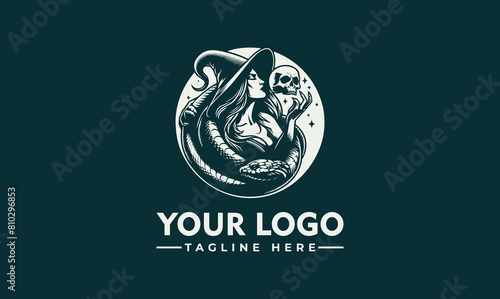 woman witch vector logo beauty woman with a skull and snake vector logo woman witch with a skull in her hand. She is wrapped around by a large snake