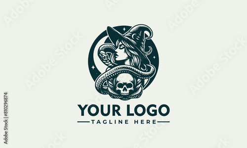 woman witch vector logo beauty woman with a skull and snake vector logo woman witch with a skull in her hand. She is wrapped around by a large snake
