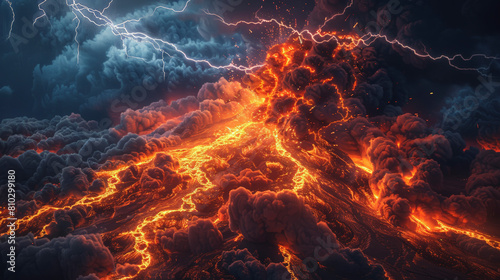 A dramatic digital artwork depicting an intense volcanic eruption with flowing lava and electric lightning streaking across a tumultuous ash cloud-filled sky.
