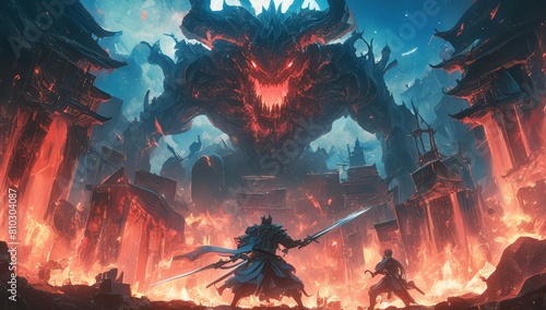 A dark fantasy concept art depicts two adventurers facing off against an enormous, muscular demon in the depths of hell surrounded by fire and brimstone. The demon's eyes glow red with anger.