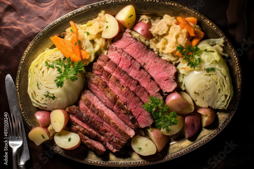 Rustic corned beef dinner with beer, traditional Irish food. overhead view