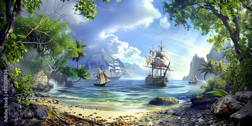 Pirate Cove: Abstract Coastal Scene with Ships and Treasure, Suitable for Pirate or Adventure Plays