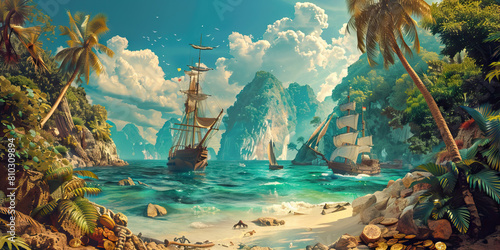 Pirate Cove: Abstract Coastal Scene with Ships and Treasure, Suitable for Pirate or Adventure Plays