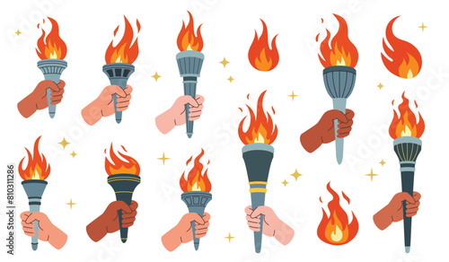 Set of burning torches flames in hands. Hands holding fire torches. The Olympic Flame. Symbols of competition victory, relay race, champion, winner. Vector isolated illustration