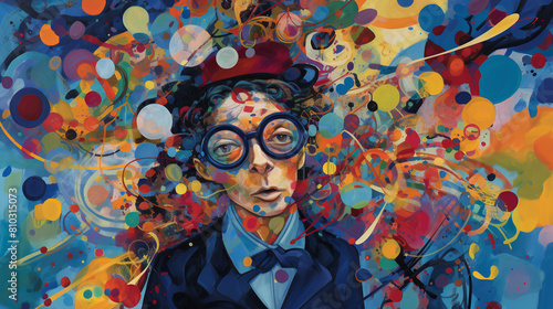 A portrait of a quirky inventor, painted by a dadaist abstract artist. The subject wears mismatched goggles and a lab coat adorned with eccentric gadgets. Their face is obscured by swirling patterns, 