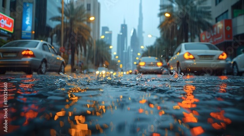 View Of The City Flooded Streets During Rain, City Street in the Rain, A Beautiful View of Rain, Traffic and Flood, Vibrant Street View