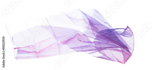 Purple Violet Organza fabric flying in curve shape, Piece of textile blue sky organza fabric throw fall in air. White background isolated motion blur