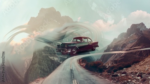 Surreal Vintage Car Artistic Double Exposure in Mountains