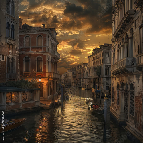Sunset Glow Over Venetian Canal with Gondola