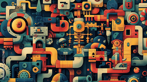 The image is a colorful abstract illustration of a complex system of pipes, valves, and gears