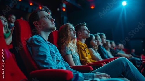 A group of people sitting in red chairs in a cinema hall. They are all watching an independent film. They are enjoying the movie and are supporting independent filmmakers. 