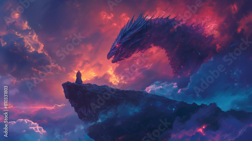 The brave knight on the cliff, facing the dragon in the red clouds.
