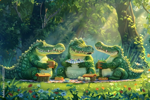 Crocodile Family Enjoying Cozy Park Picnic with Whimsical Cartoon like Designs and Lush Greenery Backdrop