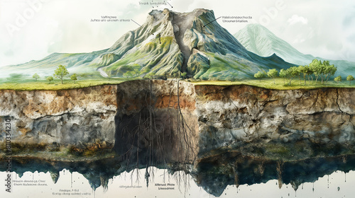 The illustration shows the anatomy of a volcano, with the magma chamber, conduits, and layers of ash and lava.