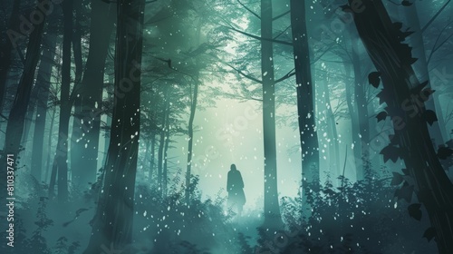 Enigmatic Shadow Disappearing in Foggy Woods Imagery.