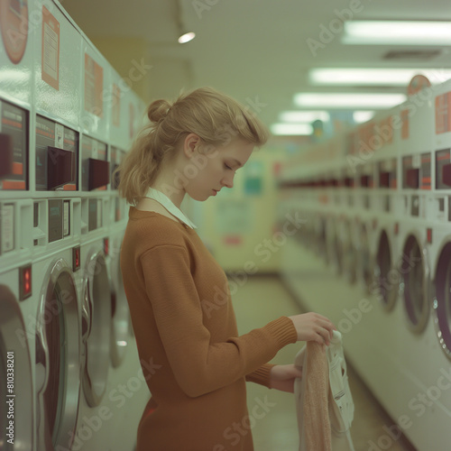 A young woman standing in a laundromat, looking at a piece of clothing. She is wearing a brown sweater and a white skirt. The laundromat is full of washing machines and dryers.