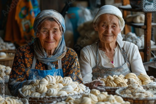 Elderly women smile gently as they display their freshly made bakery products in a rustic kitchen