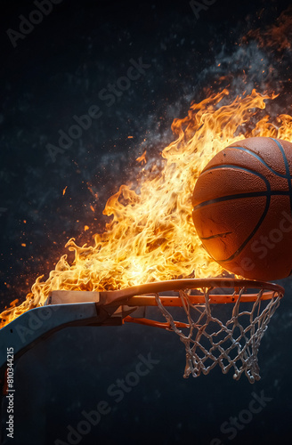 A flaming ball in a basketball hoop. Basketball hoop on fire.