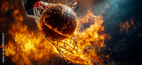 A flaming ball in a basketball hoop. Basketball hoop on fire.