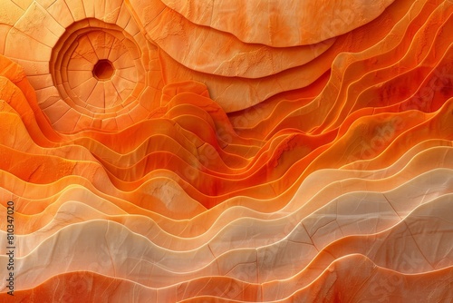 A striking abstract image of undulating layers in vibrant orange rock formations suggesting fluid movement