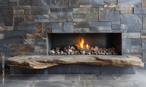 modern rustic fireplace with stacked stone design and natural wood mantel