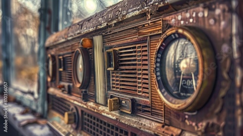 Waterlogged Nostalgia: Vintage radio with a dial adorned in water droplets, a weathered relic of auditory memories