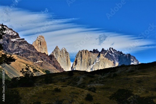 Paine Massif with the distinctive granite peaks Torres del Paine (on the left) as a part of Cordillera del Paine in Magallanes Region (Patagonia, Chile)