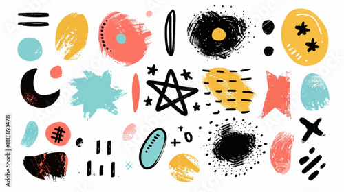 Abstract grunge shapes. Hand drawn colorful naive paint brushes figures and elements. Doodle arrow, circle, line, star, geometric symbol. Grange texture. Vector set 3D avatars set vector icon, white b