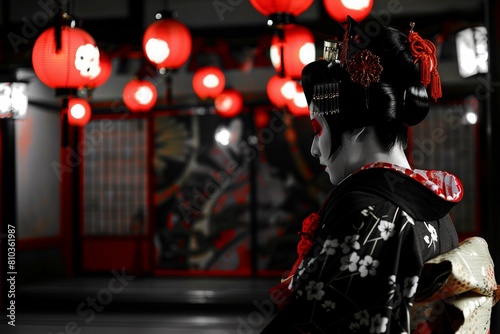 A woman in a black kimono stands in front of a red wall. The room is lit by red lanterns, creating a warm and inviting atmosphere. The woman's presence and the red lanterns evoke a sense of tradition
