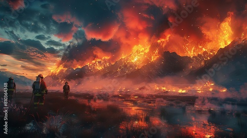 Illustrate a surreal long shot scene of firefighters strategically combating a raging fire in a fantastical landscape