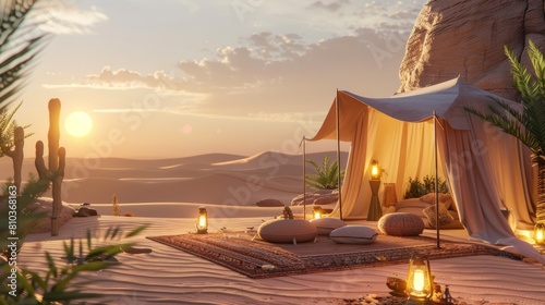 beautiful camp in the middle of the desert on a sunset