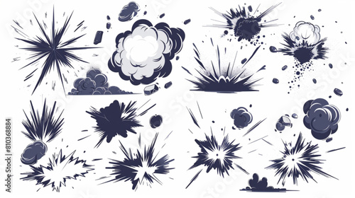 Cartoon explode effects. Speed comic explosive smoke, boom effect, air motion steam energy, lightning and sparks. Bang motion. Vector set 3D avatars set vector icon, white background, black colour ico