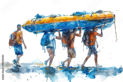 Blue watercolor paint of people teamwork carrying inflatable boat