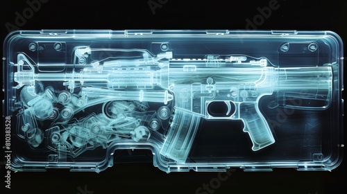 Intricate X-ray scan showing a smuggled weapon cleverly hidden in a carry-on bag, displayed by airport scanner detection
