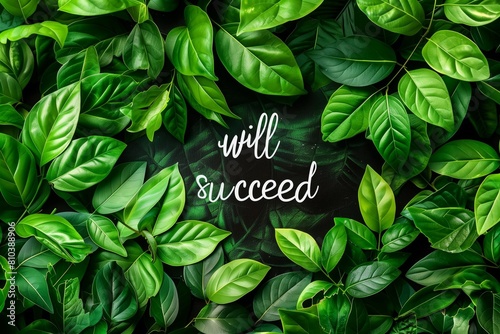 background with green leaves the inscription you will succeed