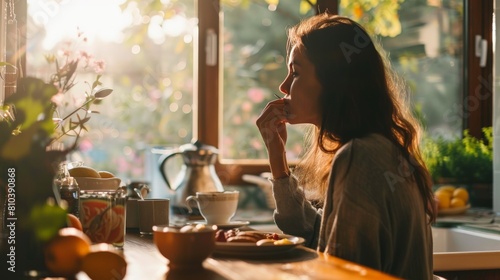 The woman sits down at the kitchen table and takes a bite of her breakfast. She savors the taste of the food and the feeling of the sun streaming through the window. She is content and at peace.